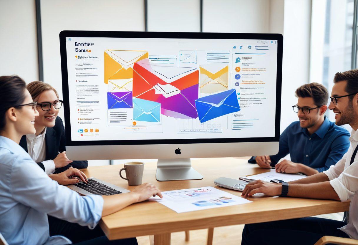 A vibrant email inbox overflowing with creatively designed email templates, featuring conversion metrics like high open rates and engagement graphs in the background. Include a diverse group of marketers brainstorming at a sleek conference table, with laptops and coffee mugs. Highlight positive emotions such as excitement and collaboration, using bright colors and dynamic lines to convey movement and energy. super-realistic. vibrant colors. white background.